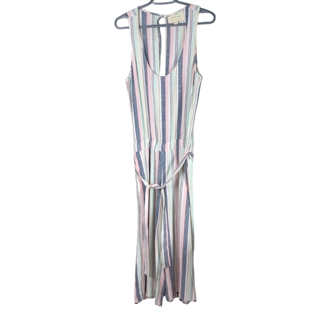 Cloth & Stone Striped Blue Pink Open Back Linen Blend Jumpsuit‎ Size Medium